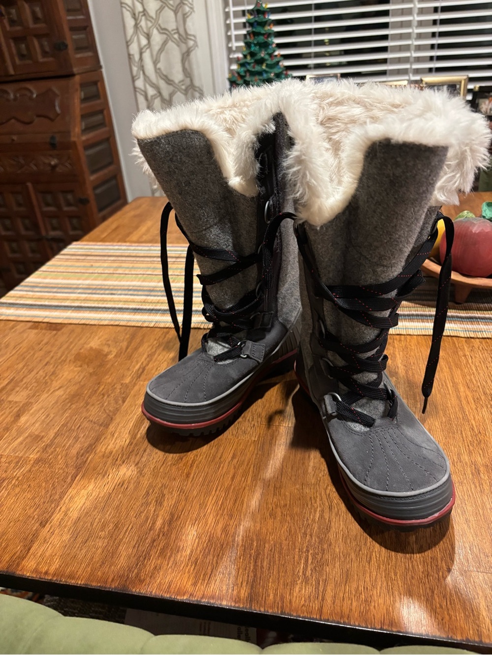 Sorel Gray Faux-Fur Trim Winter Lace-Up Boots